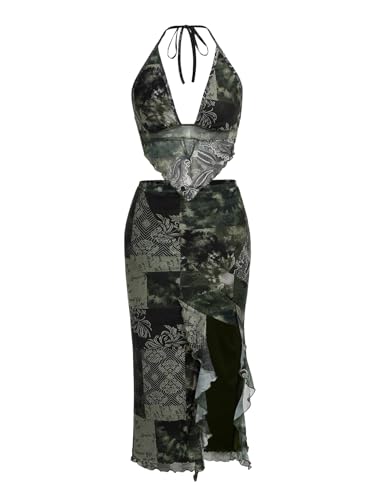 Image of Verdusa Women's 2 Piece Boho Skirt Sets Going Out Backless Halter Top with Split Skirt Rave Festival Outfits Western Clothes