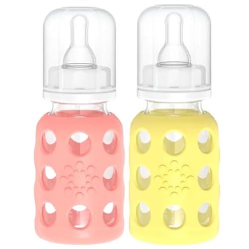 Lifefactory Glass Baby Bottle BPA Free | Protective Silicone Sleeve | 4 oz Pack of 2 | Cantaloupe, Banana