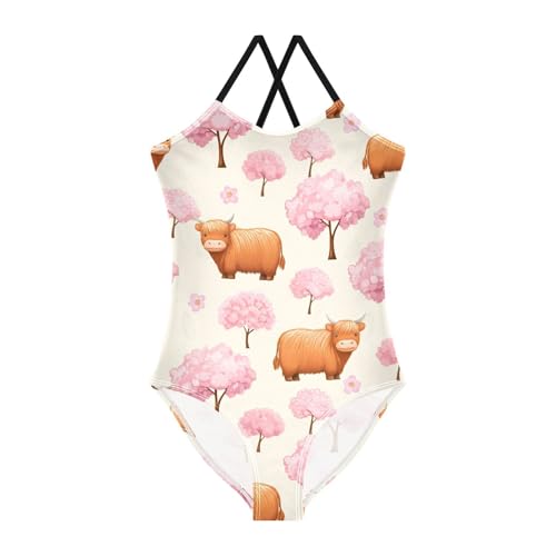 Cute Highland Cow Ox Flowers Floral Girls One Piece Swimsuit Beach Swimwear 2301710