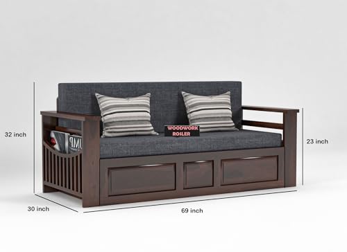 Image of Solid Sheesham Wooden Sofa Cums Bed with Mattresses for Living Room|Rosewood 3-Person Sofa Cums Bed for Bedroom Without Pillow (D-Walnut Finish)