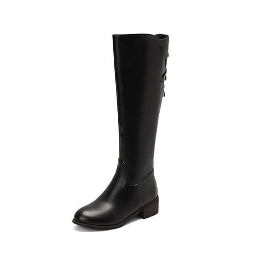 REKALFO Donne Mid Calf Stivali Tacco Basso Ginocchio Stivale Alto Moda Zip Stivali Invernali nero 44 EU
