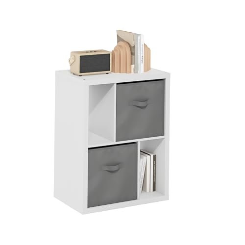 Image of Furinno Viola Storage Shelf, 2-Tier Printer Stand, White | 2 Drawer Bins, 1.2-inch Extra Thick Frame Bookshelf, Reversible Display Rack, for Organization, Living Room, Home Office