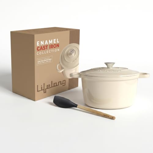 Image of Lifelong Enamel Cast Iron Dutch Oven with Lid (5.6L, 28cm) | Oven, Gas & Induction Compatible | Slow Cooking, Even Heat Distribution, Nontoxic, Durable, Naturally Nonstick, No Stains & Scratch (Ivory)