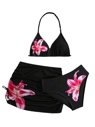 Image of RoseSeek Girl's 3 Piece Cute Bowknot Bathing Suit Halter Triangle High Waisted Swimsuit with Beach Cover Up Skirt