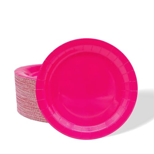 Mienocol 32pcs Hot Pink Paper Plates 7 inch Rose Red Party Plates Tableware Solid Colour Round Dinner Plate for Girls Birthday Wedding Picnic BBQ Bar Restaurant and Party Supplies Table Décor
