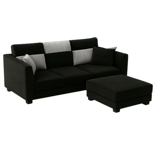 Image of SOCOZI Trevano 4 Seater L Shape Sofa Set with Movable Ottoman | Flexible Left or Right Layout | Soft Velvet Suede Fabric | Modern Design | Plush Comfort Cushions for Living Room (Light Grey-Black)