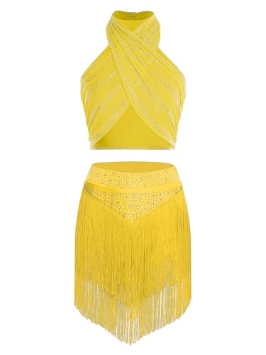 Robe danse latine contemporaine jaune à strass vêtement frangé 2XL