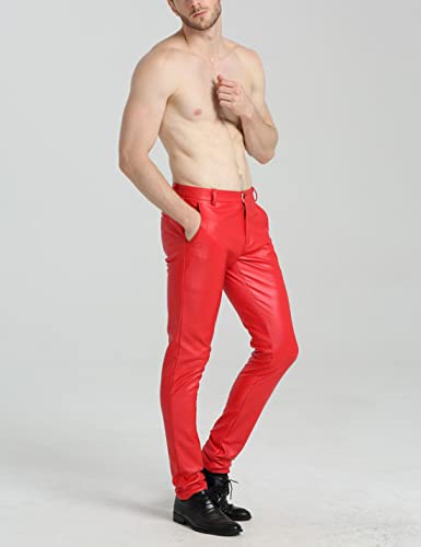 Faleave Men's Faux Leather Pants Skinny Stretch Black Red Slim Fit Suit Pants4