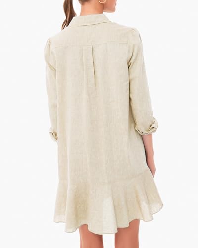 Image of YEXPINE Women's Tunic Mini Shirt Dress Cotton Linen Long Sleeve Button Up Ruffle Hem Loose Casual Summer Pockets Shift Dress