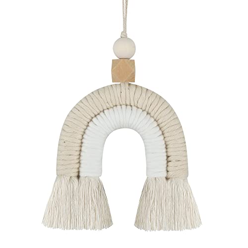 Macrame Rainbow Charm Boho Felt Ball Wood Bead Essential Oils Diffuser Interior Decor Handmade Car Accessories Colorful Hanging Air Freshener Decor(Beige)