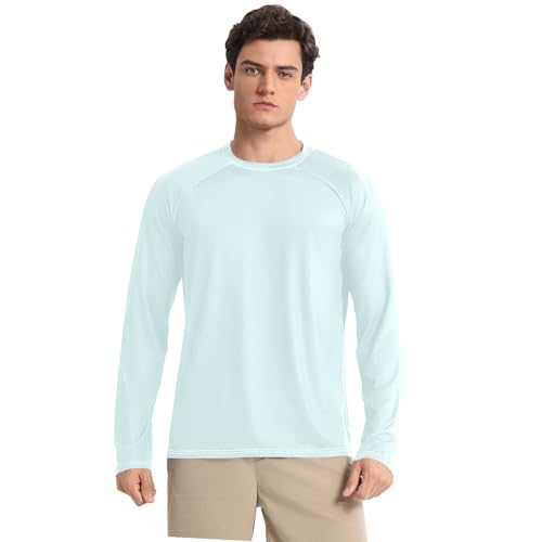 Light Cyan Blue Men's Rash Guard Lightweight Comfort Mens Sun Shirts UV Protection Long Sleeve Running