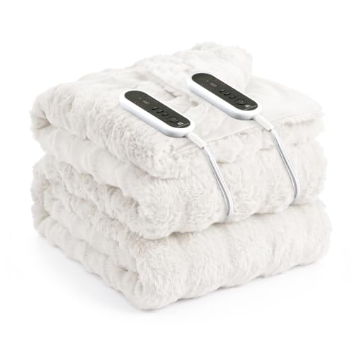 Amélie Home Heated Bubble Faux Fur Blanket Electric - 84"x90" Heating Blanket Throw 2/4/6/8 Hours Auto-Off 8 Heat Level Over-Heat Protection Electric ETL Certification Off White