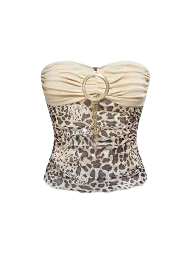 Chaleco corto de malla con estampado de leopardo para mujer, cadena de diamantes de imitación, sin tirantes, para fiesta, Multicolor, XL