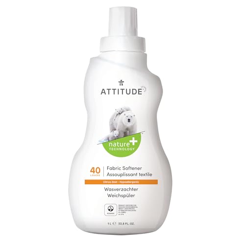 ATTITUDE Liquid Fabric Softener, Plant-Based & Vegan, HE Compatible, Naturally Derived, Citrus Zest Scent, 40 Loads, 1 Liter