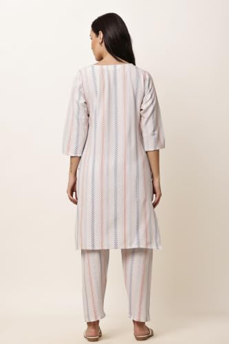 Image of Women Cotton Blend Kurti Pant Set for Women Ethnic Printed Straight Kurta with Pants Co Ord Set Casual Office Wear Traditional Kurta Set Blue 3 /4 Sleeve Round Neck