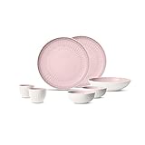 Perfekt abgestimmtes Set, Bestehend aus: Je 2 Bols, Teller und Becher mit liebevoller Prägung und gerumpelter Oberfläche in Rosa sowie einer farblich passenden Schale