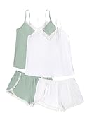 Ekouaer Womens Pajama Sets Soft Lingerie Sleepwear 4 Piece Cami Shorts Set V Neck Pj Lace Nightwear White + Green X-Large