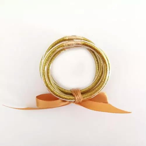 4-6 Years Kids Candy Rainbow Glitter Filled Silicon Tube Jelly Bangle Bracelet-Gold2