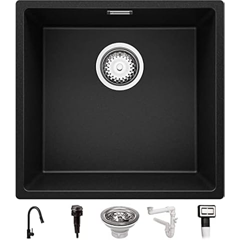 Spülbecken Schwarz 46 x 47 cm, Granitspüle 1 Becken + Ablauf-Set (Drehknopf) + Küchenarmatur, Einbauspüle ab 50er Unterschrank, Küchenspüle von Primagran Cover