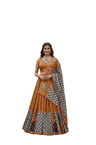 Women Cotton Silk Printed With Real Mirror Work Lehenga Choli For...
