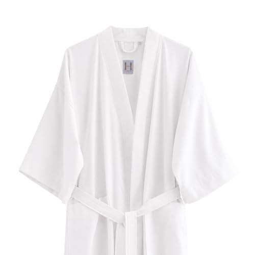 H by Frette Pique Kimono Bathrobe (X-Large) - Luxury All-White Bathrobe/Light, Cool, and Breathable / 100% Cotton