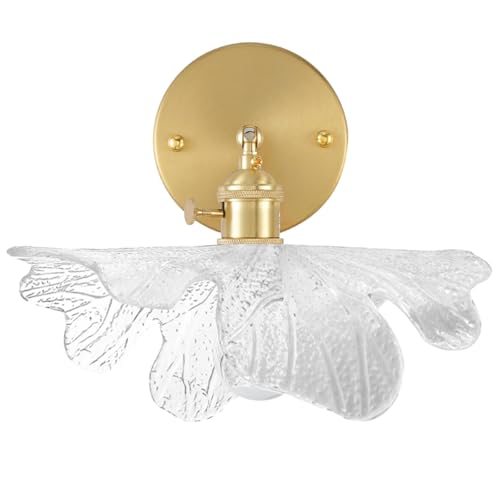 Image of Brass Vanity Light Brushed Gold Bathroom Light Fixtures - Clear Flower Glass Shade, Modern Hardwired Wall Sconce Retro Vanity Lighting for Over Mirror Bedroom Doorway Foyer Hallway
