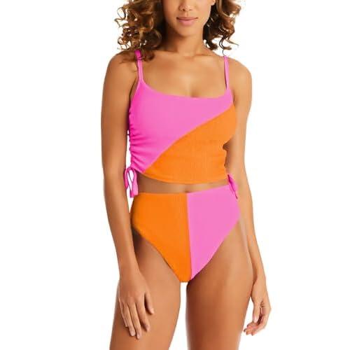 Pink Queen Women's 2 Piece Swimsuit Scoop Neck Ribbed Drawstring Ruched Crop Top High Waisted Bikini Sets Bathing Suit Small Pink & Orange
