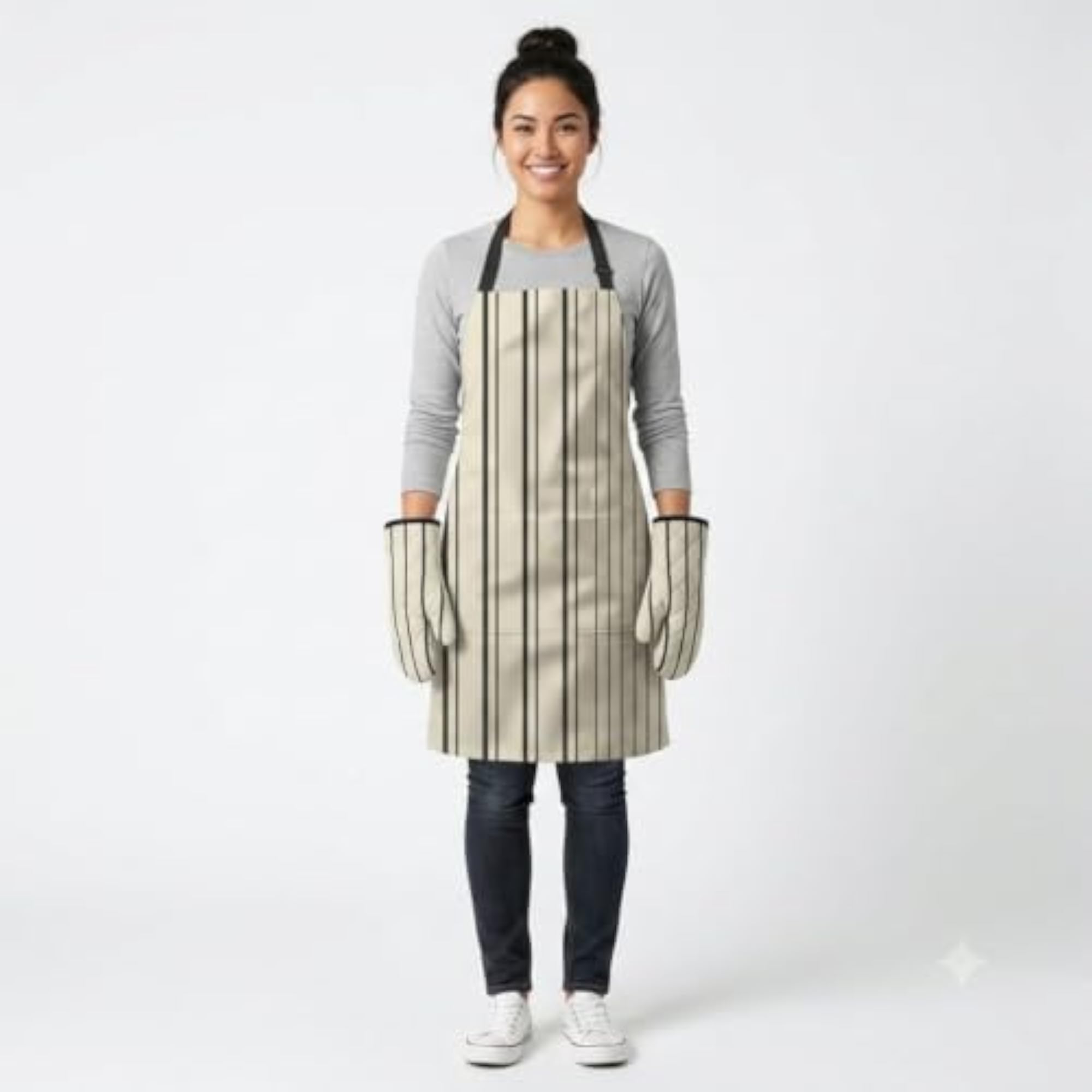 Cotton Black Stripe Print Apron with Oven Gloves Set, Kitchen Gift