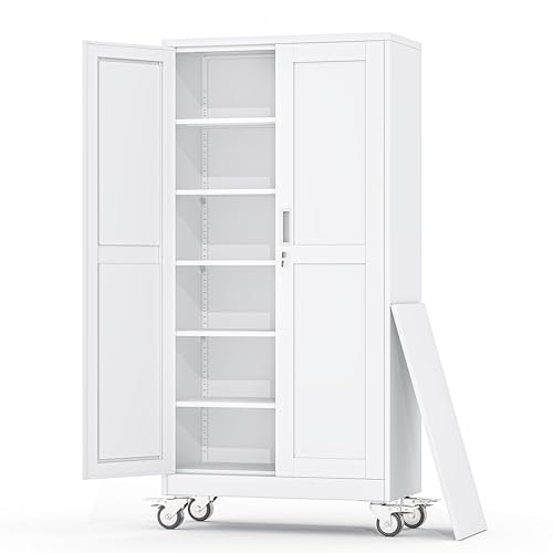 RISTERN Metal Garage Storage Cabinets and storage system, 74”Tall Rolling utility cabinet with Wheels, Lock, 5 Adjustable Shelves, Heavy Duty Steel Tool Locker for Home Office, Utility Room, Gym,White