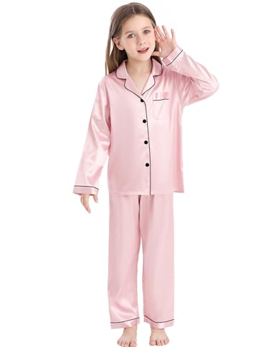 SWOMOG Girls Silk Pyjamas Long Sleeve Satin Kids Button-Down PJs Sets Cute Print Pink 14-15 Years
