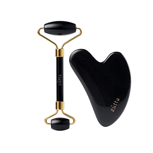 Zutta Jade Roller & Gua Sha Set - Face Roller - Facial Beauty Roller Skin Care Tools - Zutta Natural Black Obsidian Massager for Face, Eyes, Neck, Body - Relaxes Muscles and Improves Circulation