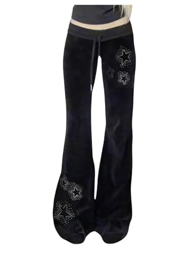 MakeMeChic Women's Y2k Travel Flare Pants Velvet Star Bell Bottom Streetwear