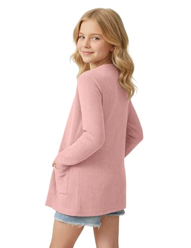 Image of Girls Open Front Cardigan Casual Lightweight Long Sleeve Ribbed Knit Sweater Soft Outerwear Coat with Pockets