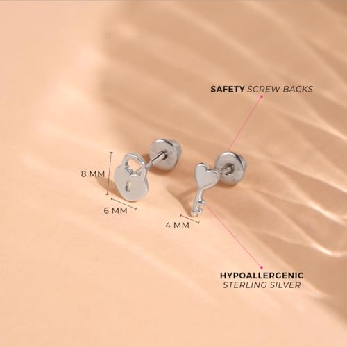 925 Sterling Silver Loving Heart Lock and Key Safety Screw Back Earrings For Little Girls - Children's Heart Themed Jewelry For Everyday Wear - Heart Jewelry For Girls4