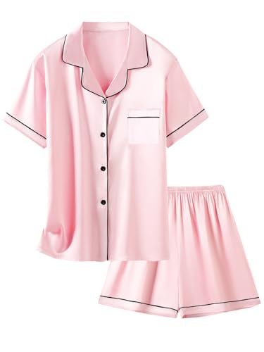 Image of Schbbbta Women Pajamas Set, 2 Pieces Satin Silk Button Down Pjs Short Sleeve Outfits Loungewear