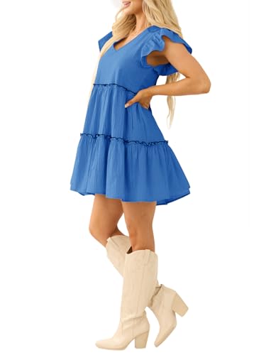 Image of Women's Summer Babydoll Mini Dress V Neck Tie Back Ruffle Sleeve Casual Tiered Loose Flowy Swing Tunic Shift Dress