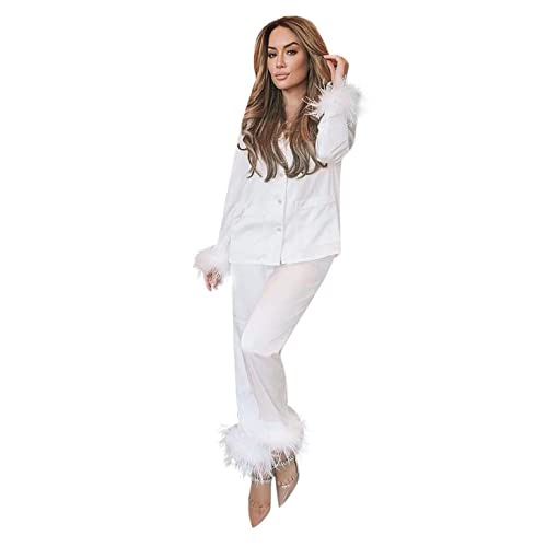 Conjunto de pijama de plumas de manga larga suave ropa de dormir ligera ropa de dormir superior e inferior ropa de dormir cómoda conjuntos de pijamas, blanco, L