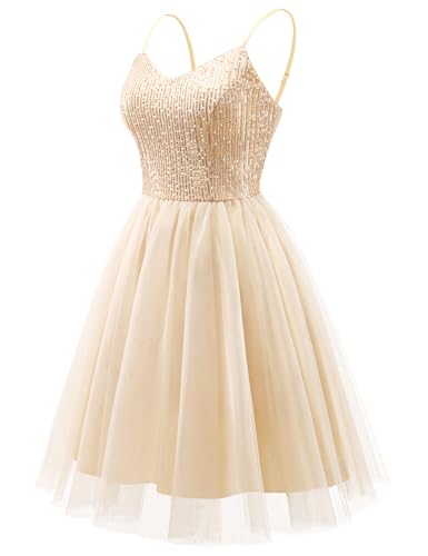 Image of Dressystar 2026 Women's Tiered Sparkly Sequin Glitter Formal Prom Dress Mini Spaghetti Strap Tulle Cocktail Party Dresses