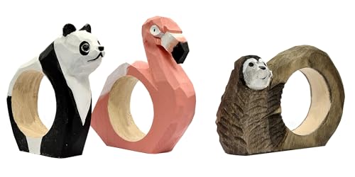 Kit de 3 Ronds de Serviettes Animaux : Paresseux, Panda et Flamant Rose en Bois taillés et coloriés à la Main, env. 9x7x2 cm