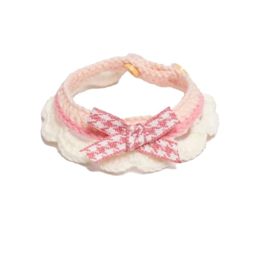 Wag&Winkペット 首輪 犬 猫 可愛い 調節可能 バンダナ よだれかけ 日系INS風 千鳥格 蝶結び レース 綿 S/M/Lサイズ 日常 おしゃれ プレゼント 軽量 安全 多機能 (千鳥格ピンク, S)