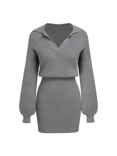 CIDER Womens Ribbed Knit Sweater Dress Long Sleeve V Neck Mini Cozy Dress Collared 2025 Fall Dresses