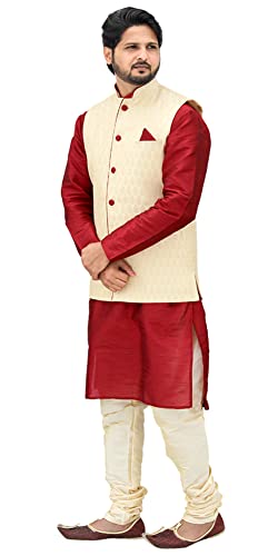 Image of Men's Silk Kurta Pyjama With Waistcoat