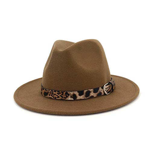 Sombreros fedora Panamá para mujer de fieltro de ala ancha, con hebilla de cinturón de leopardo