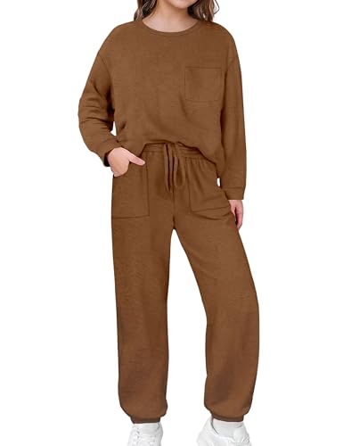 AGERWAY Girls Clothes Girls' Clothing Sets Cute Solid Color Long Sleeve Sweatshirt and Sweatpants 2 Piece Sweatsuit Fall Winter Teen Girl Outfits Size 10-12 Brown