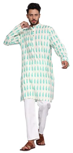 TOSQP27 Mens Pure Cotton Kurta Pajama Set Gift Printed Knee-Length Casual Wear Ethnic Long Sleeve Top for Wedding Festival