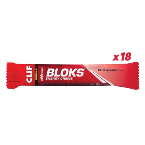 CLIF BLOKS Energy Chews | Strawberry | Plant Based | Quick Energy for Cycling and Running | Workout Snack | 18 x 60 g