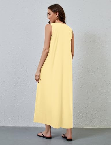 Image of Women Sleeveless Ruched Maxi Dress Scoop Neck Long Elegant Dresses Wide Shoulder Strap Blouse Dress with Side Pockets