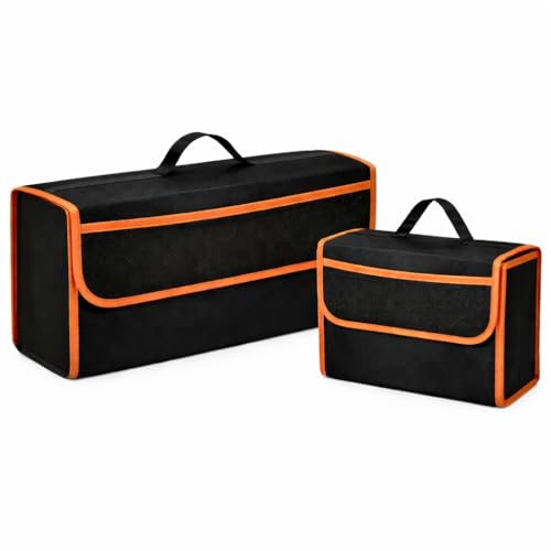 Image of JVCV Car Trunk Organizer Foldable Storage Bags with Mesh Pocket | Anti Slip Car Dicky Universal Organizer Set for SUV Hatchback Sedan (Combo - Large + Small - Black Orange)