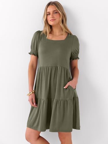Image of ANRABESS Women Summer Square Neck Puff Short Sleeve Mini Dress 2026 Casual Flowy Sundress Beach Vacation Clothes with Pockets