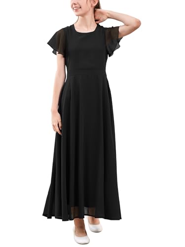 GORLYA Girls Scoop Neck Ruffle Sleeve Vintage Elegant Flowy Wedding Party Long Maxi Chiffon Dress 10-16Y